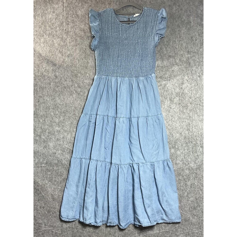 Anthropologie By The River Dress Womens Large Blue Chambray Midi Tiered Boho